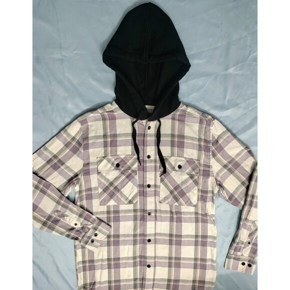 NoBo Mens Small Button Up Flannel Hooded Shacket Shirt Plaid 34-36 Off White Sm - Picture 12 of 16